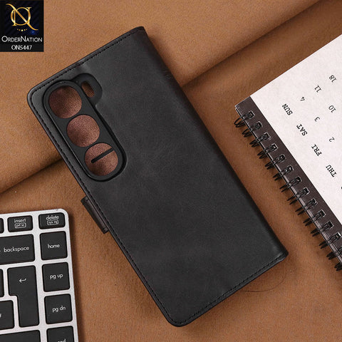 Vivo Y300 Cover - Black - Premium Leather Megantic Flip Book Covers With Card Holding Option