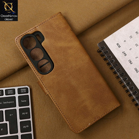 Vivo Y300 Cover - Light Brown - Premium Leather Megantic Flip Book Covers With Card Holding Option