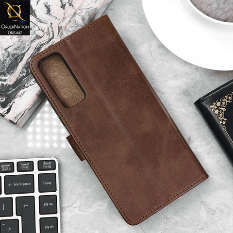 Vivo Y51s Cover - Dark Brown - Premium Leather Megantic Flip Book Covers With Card Holding Option
