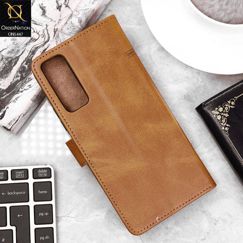 Vivo Y51s Cover - Light Brown - Premium Leather Megantic Flip Book Covers With Card Holding Option