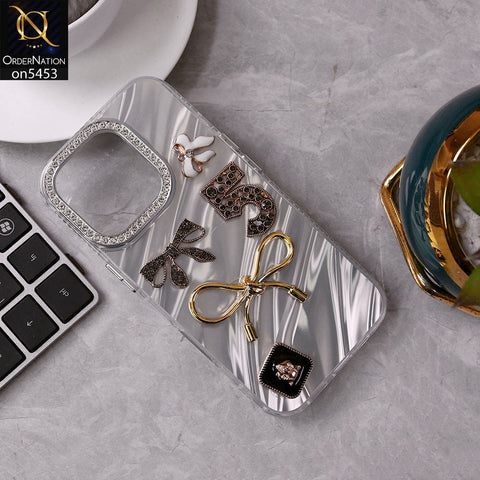 iPhone 14 Pro Cover - White - Elegant Bow Knot Rhinestones Camera Ring Dream Waves Color-Plated Protective Soft Borders Case