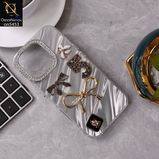 iPhone 15 Pro Cover - White - Elegant Bow Knot Rhinestones Camera Ring Dream Waves Color-Plated Protective Soft Borders Case