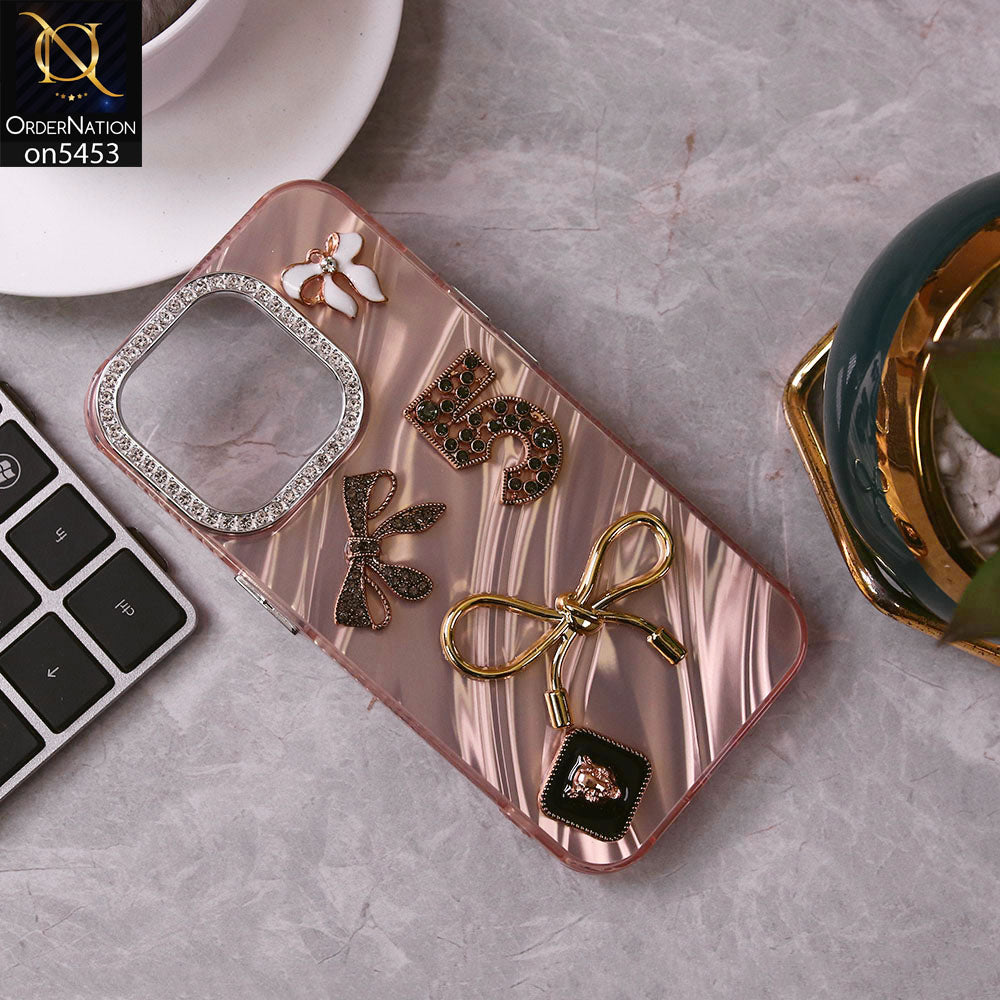 iPhone 16 Pro Max Cover - Rose Gold - Elegant Bow Knot Rhinestones Camera Ring Dream Waves Color-Plated Protective Soft Borders Case