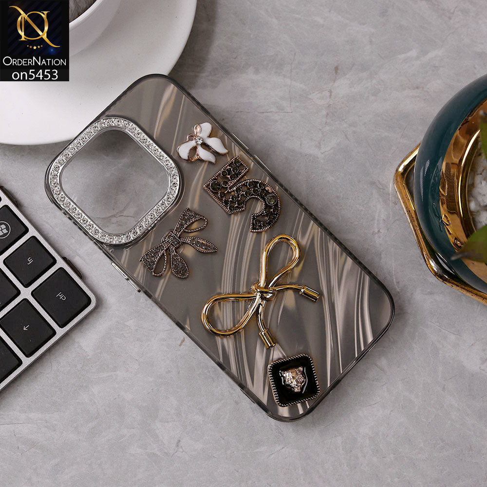 iPhone 16 Pro Cover - Black - Elegant Bow Knot Rhinestones Camera Ring Dream Waves Color-Plated Protective Soft Borders Case