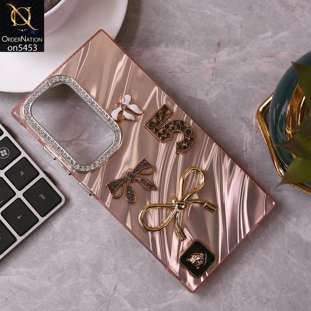Samsung Galaxy S24 Ultra Cover - Rose Gold - Elegant Bow Knot Rhinestones Camera Ring Dream Waves Color-Plated Protective Soft Borders Case