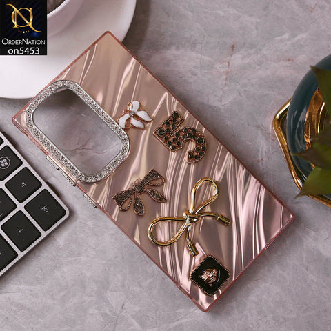 Samsung Galaxy S24 Ultra Cover - Rose Gold - Elegant Bow Knot Rhinestones Camera Ring Dream Waves Color-Plated Protective Soft Borders Case