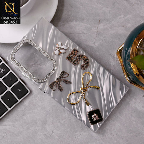 Samsung Galaxy S25 Ultra Cover - White - Elegant Bow Knot Rhinestones Camera Ring Dream Waves Color-Plated Protective Soft Borders Case