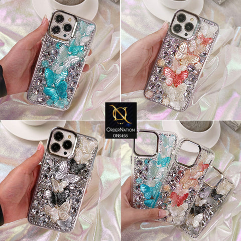 iPhone 16 Pro Max Cover - Orange - Elegant 3D Dreamy Butterfly Shiny Rhinestones Protective Soft Case