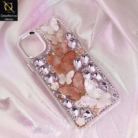 iPhone 12 Cover - Orange - Elegant 3D Dreamy Butterfly Shiny Rhinestones Protective Soft Case