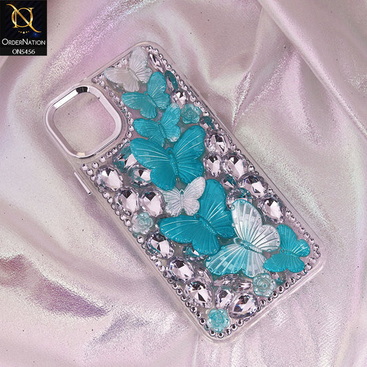 iPhone 14 Cover - Cyan - Elegant 3D Dreamy Butterfly Shiny Rhinestones Protective Soft Case