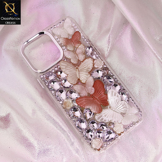 iPhone 13 Pro Max Cover - Orange - Elegant 3D Dreamy Butterfly Shiny Rhinestones Protective Soft Case