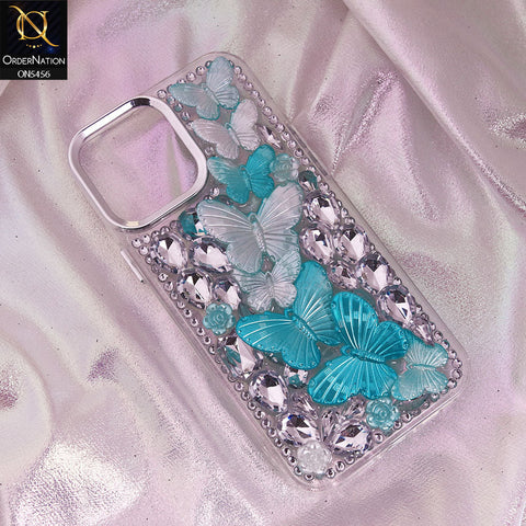 iPhone 14 Pro Max Cover - Cyan - Elegant 3D Dreamy Butterfly Shiny Rhinestones Protective Soft Case