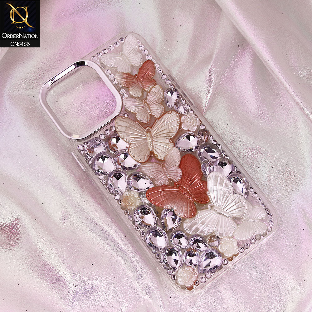 iPhone 15 Pro Cover - Orange - Elegant 3D Dreamy Butterfly Shiny Rhinestones Protective Soft Case