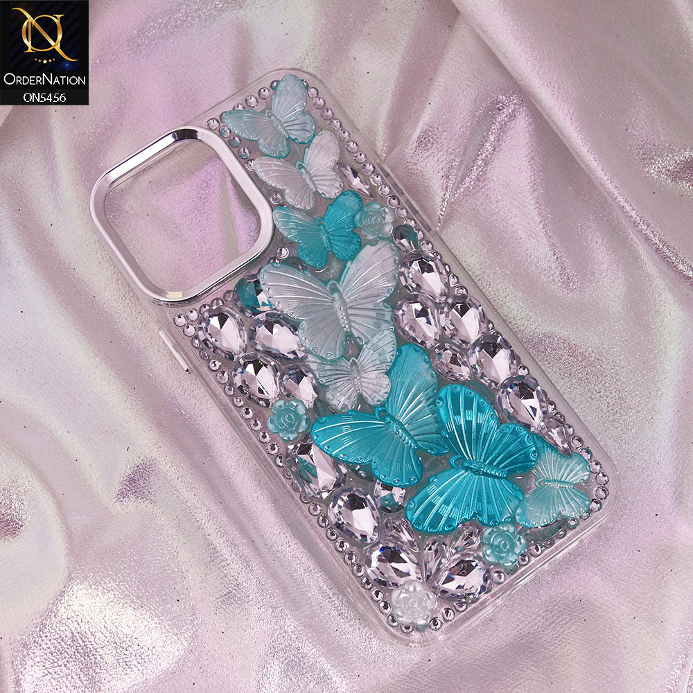 iPhone 16 Pro Max Cover - Cyan - Elegant 3D Dreamy Butterfly Shiny Rhinestones Protective Soft Case