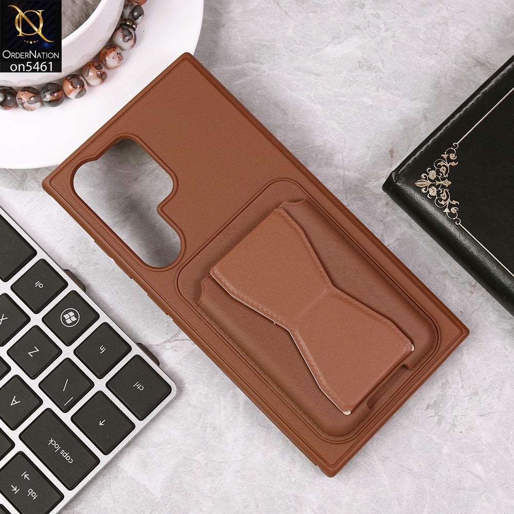 Samsung Galaxy S24 Ultra Cover - Brown - New Protective Case with Card Holder And Bracket Stand Holder