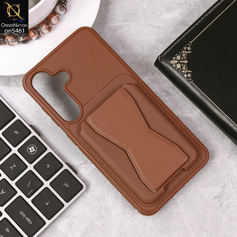 Samsung Galaxy S25 Cover - Brown - New Protective Case with Card Holder And Bracket Stand Holder