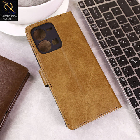 Vivo Y35 Cover - Light Brown -  Premium Leather Magnetic Flip Book Covers With Card Holding Option