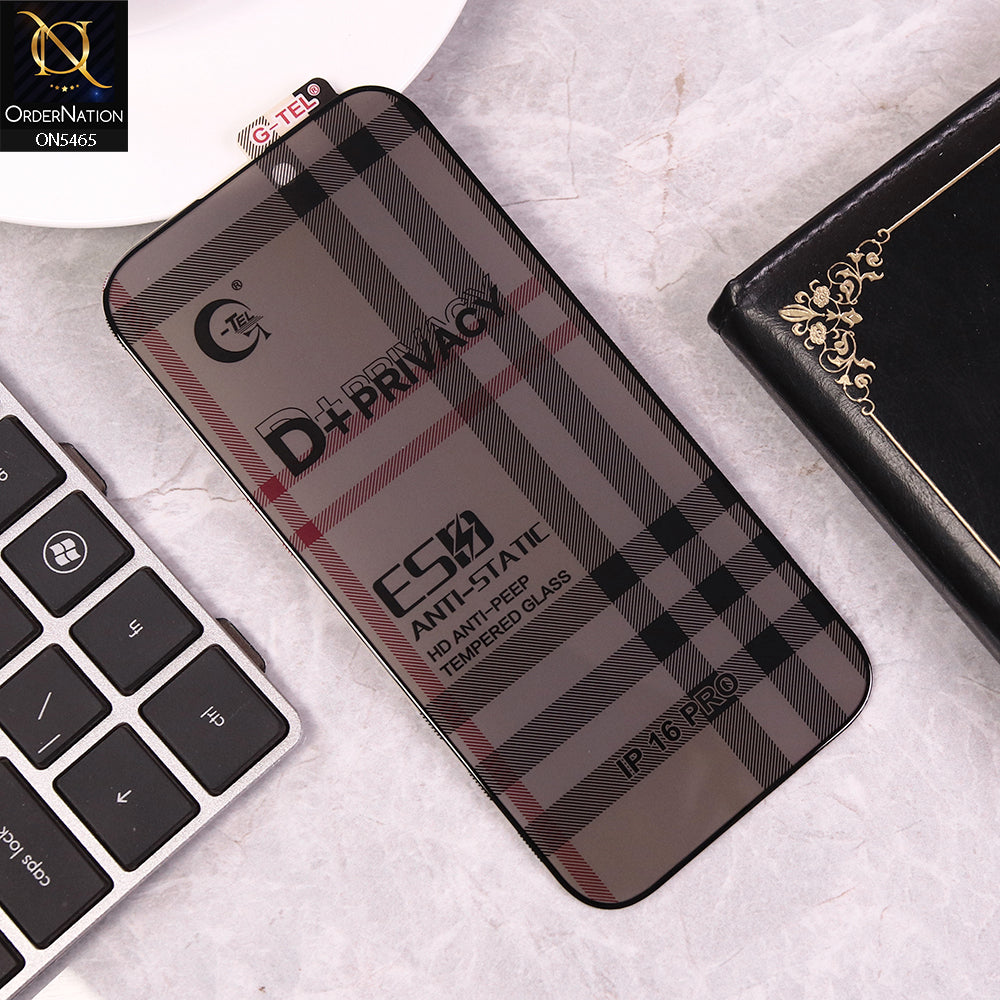 iPhone 16 Pro Cover - Black - Privacy Glass Screen Protector G-tel D+ Privacy HD Anti-Peep Tempered Glass