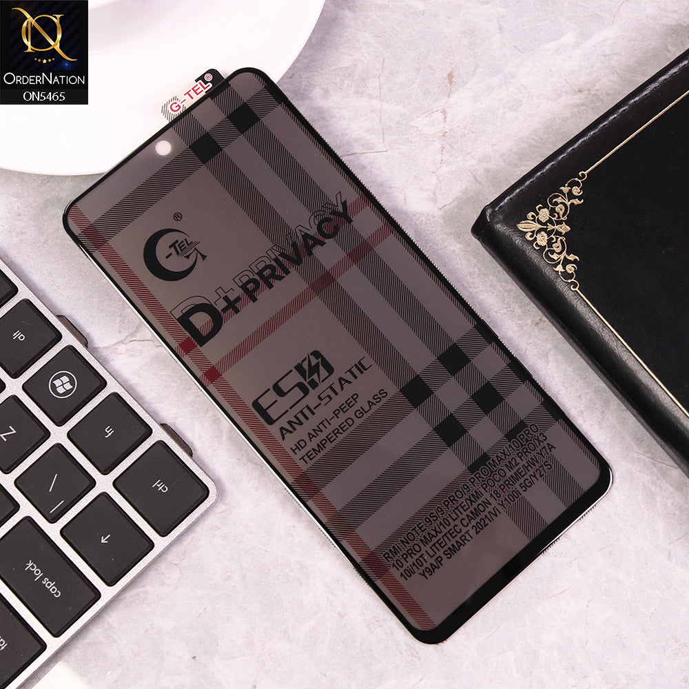 Xiaomi Redmi Note 9 Pro Cover - Black - Privacy Glass Screen Protector G-tel D+ Privacy HD Anti-Peep Tempered Glass