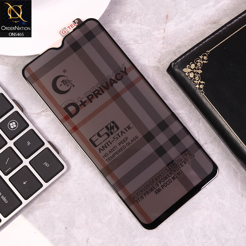 Xiaomi Redmi 9 Prime Cover - Black - Privacy Glass Screen Protector G-tel D+ Privacy HD Anti-Peep Tempered Glass