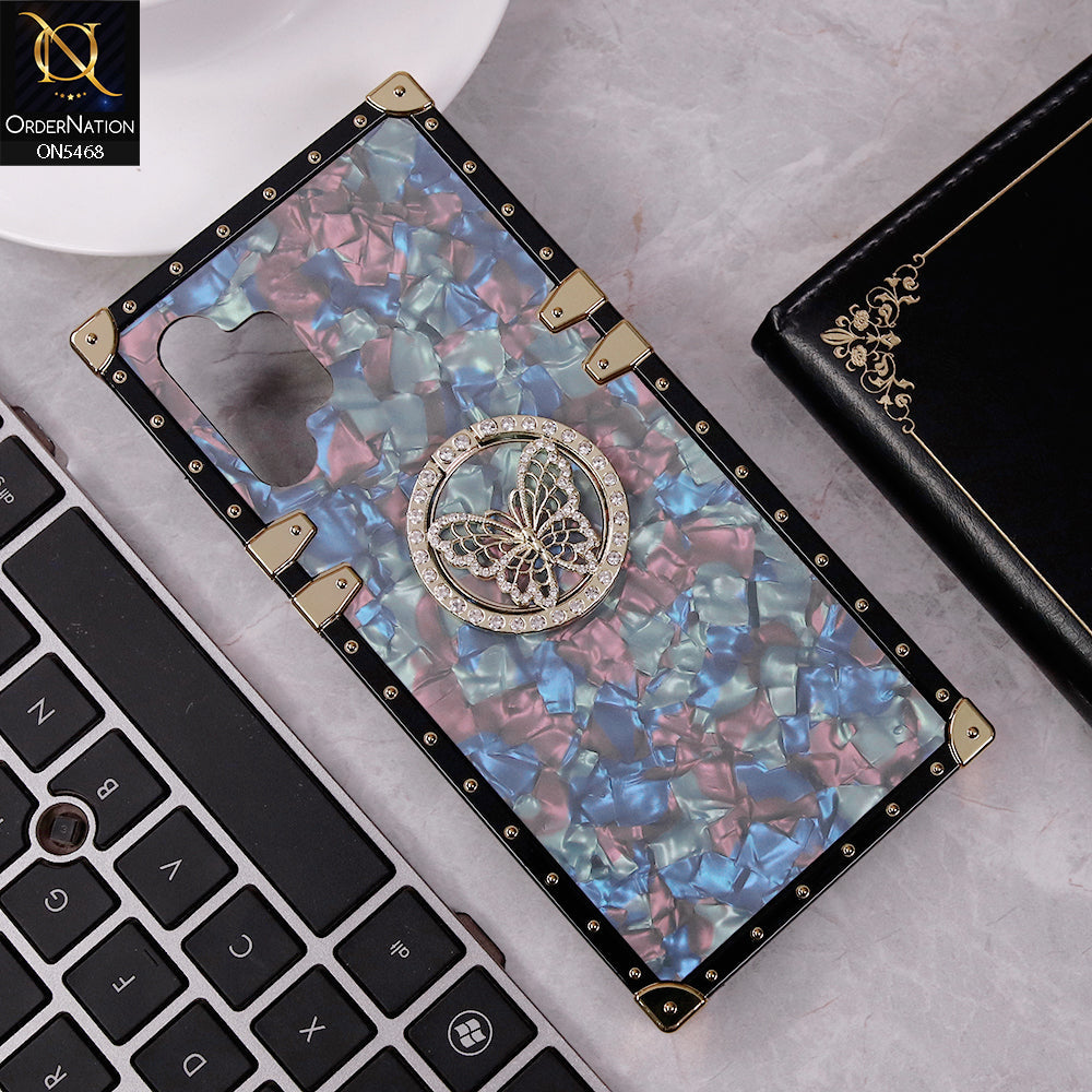 Samsung Galaxy A32 Cover - Blue - Trendy Stylish Soft Square Trunk Case with Ring Holder Butterfly Design
