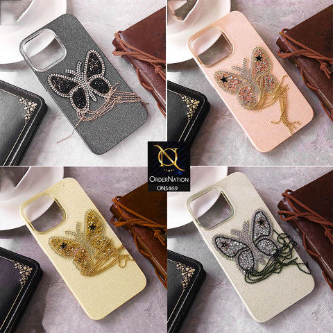 iPhone 15 Pro Max Cover - White - New Shiny Beeds Butterfl Case With Glitter Inside Soft Shiny Case