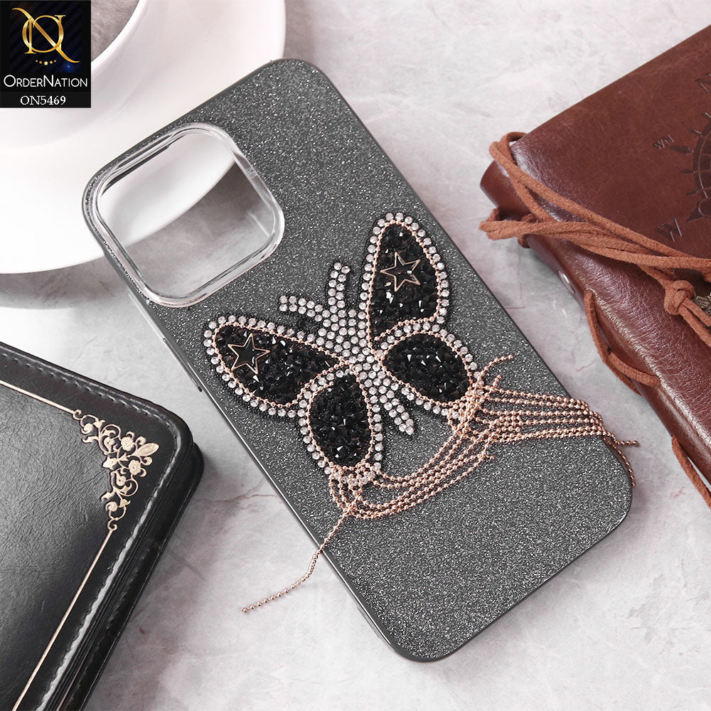 iPhone 14 Pro Max Cover - Black - New Shiny Beeds Butterfl Case With Glitter Inside Soft Shiny Case