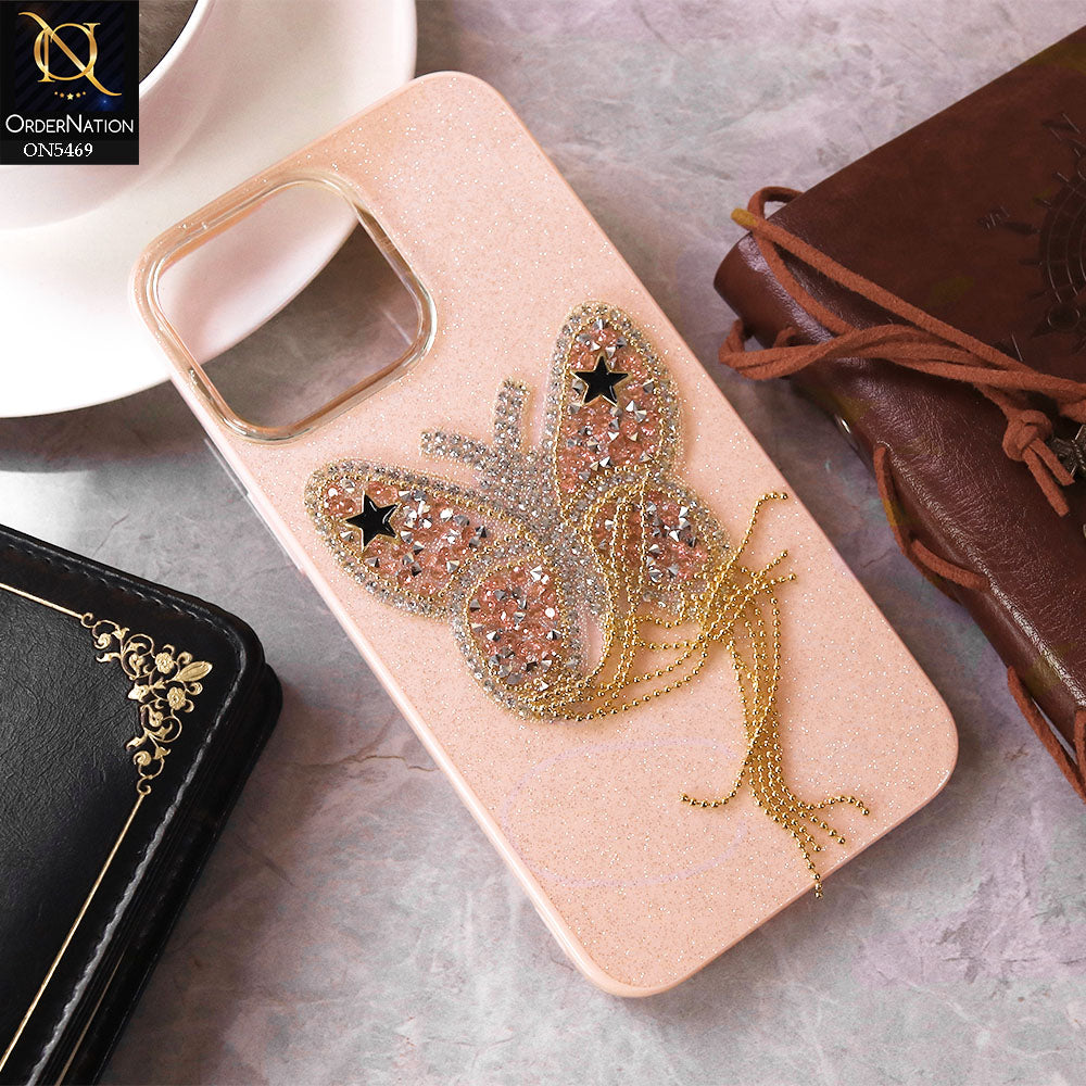 iPhone 14 Pro Max Cover - Pink - New Shiny Beeds Butterfl Case With Glitter Inside Soft Shiny Case