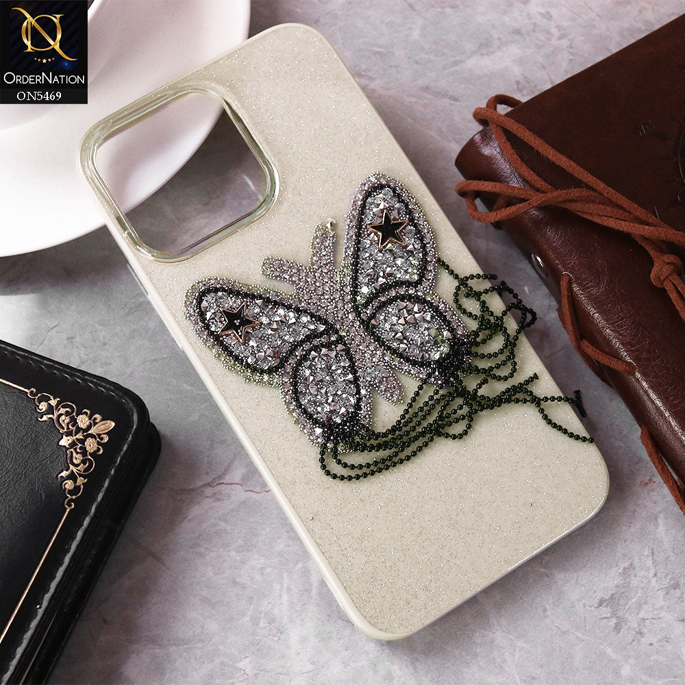 iPhone 15 Pro Max Cover - White - New Shiny Beeds Butterfl Case With Glitter Inside Soft Shiny Case