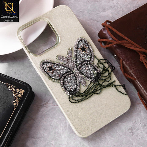 iPhone 15 Pro Max Cover - White - New Shiny Beeds Butterfl Case With Glitter Inside Soft Shiny Case