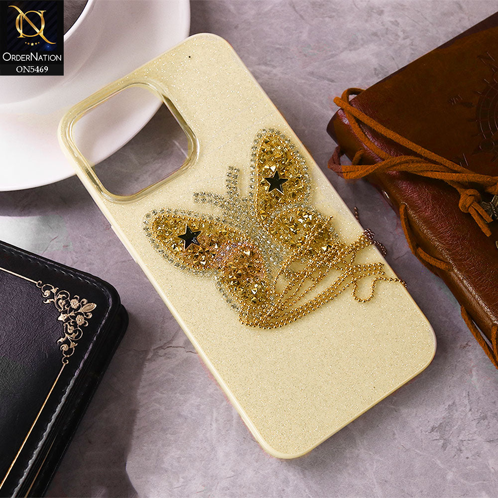 iPhone 14 Pro Max Cover - Yellow - New Shiny Beeds Butterfl Case With Glitter Inside Soft Shiny Case