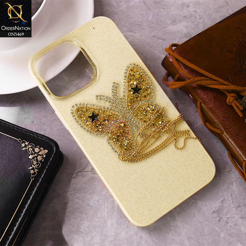 iPhone 14 Pro Max Cover - Yellow - New Shiny Beeds Butterfl Case With Glitter Inside Soft Shiny Case
