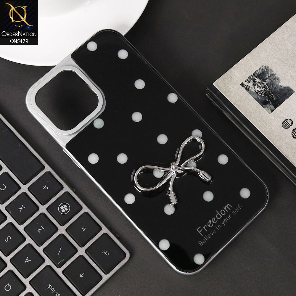 iPhone 13 Pro Max Cover - Black - Elegant Black Polka Dot Case with 3D Metallic Bow