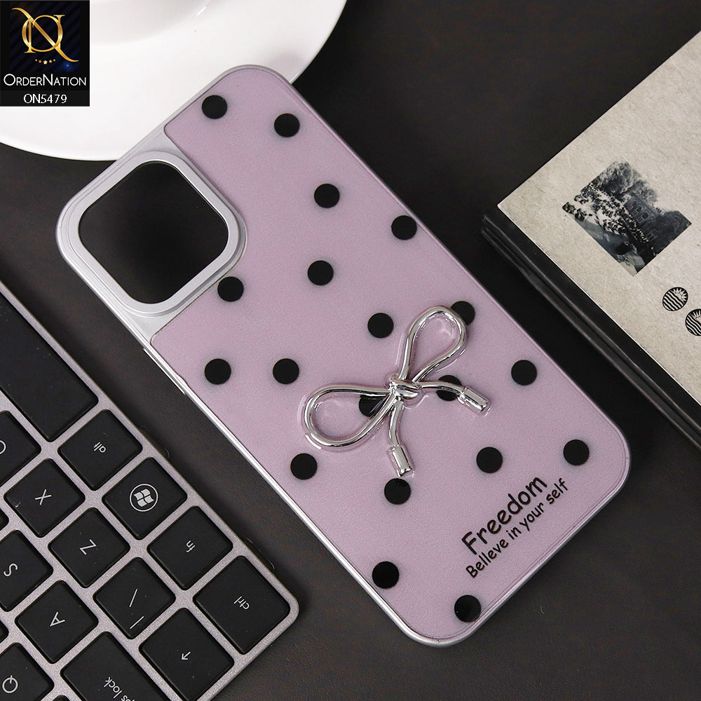 iPhone 14 Pro Max Cover - Plum - Elegant Black Polka Dot Case with 3D Metallic Bow