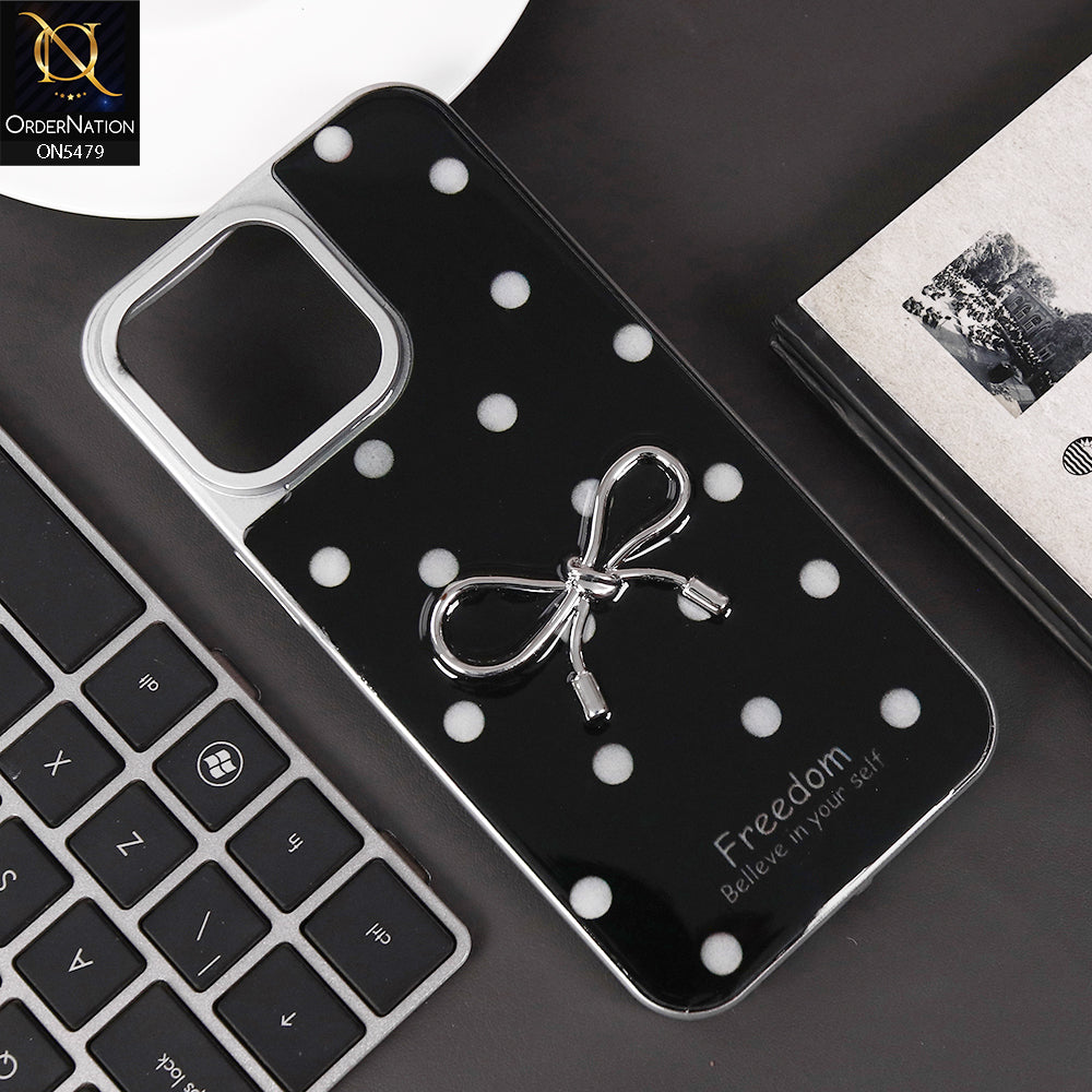 iPhone 15 Pro Max Cover - Black - Elegant Black Polka Dot Case with 3D Metallic Bow
