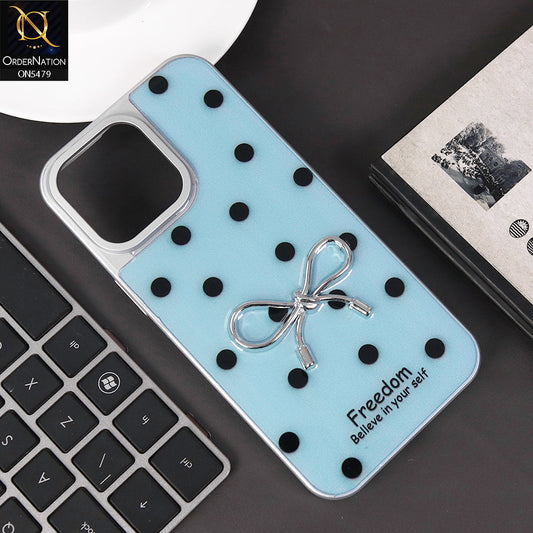 iPhone 15 Pro Max Cover - Cyan - Elegant Black Polka Dot Case with 3D Metallic Bow
