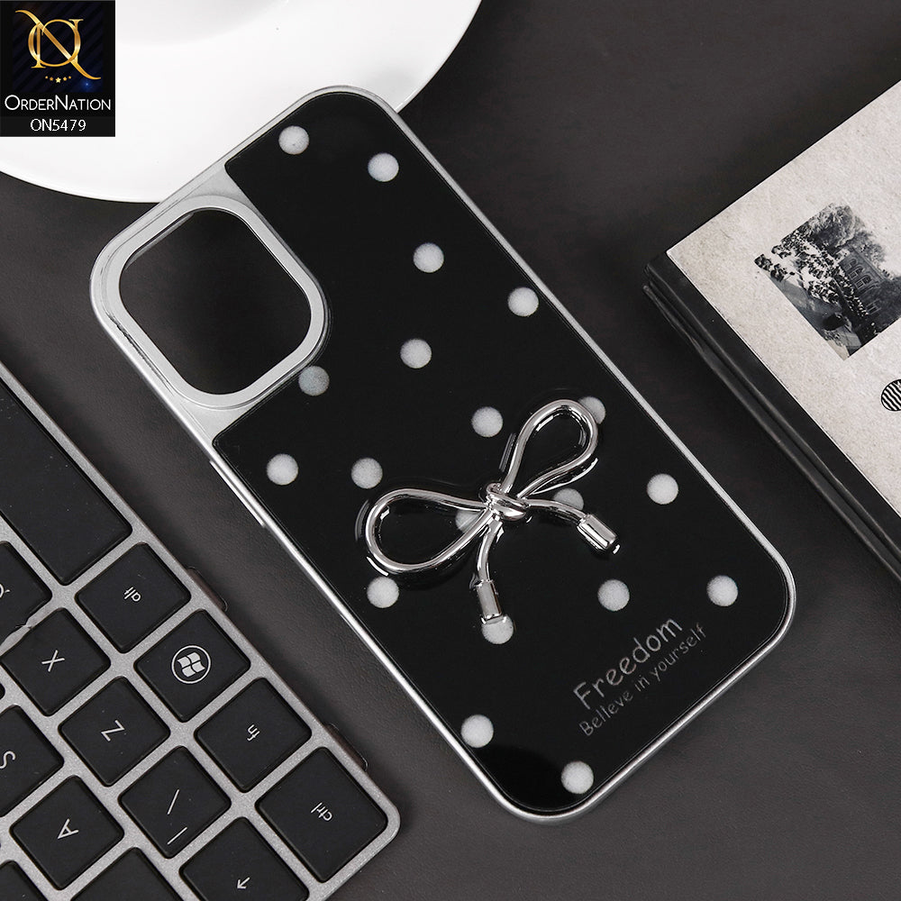 iPhone 16 Cover - Black - Elegant Black Polka Dot Case with 3D Metallic Bow