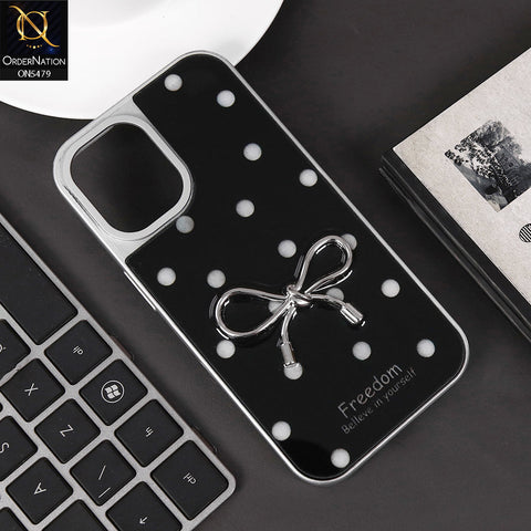 iPhone 16 Cover - Black - Elegant Black Polka Dot Case with 3D Metallic Bow