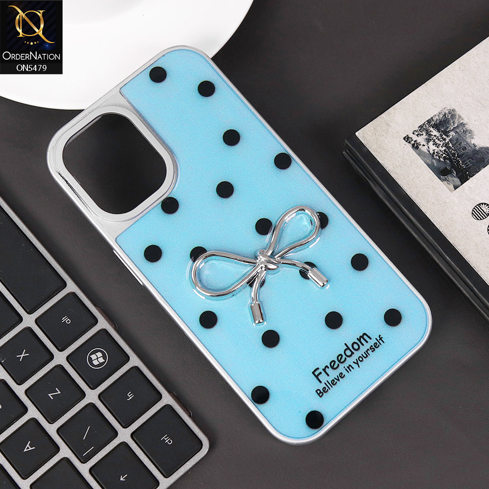 iPhone 16 Cover - Cyan - Elegant Black Polka Dot Case with 3D Metallic Bow