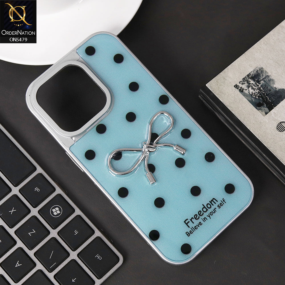 iPhone 16 Pro Cover - Cyan - Elegant Black Polka Dot Case with 3D Metallic Bow