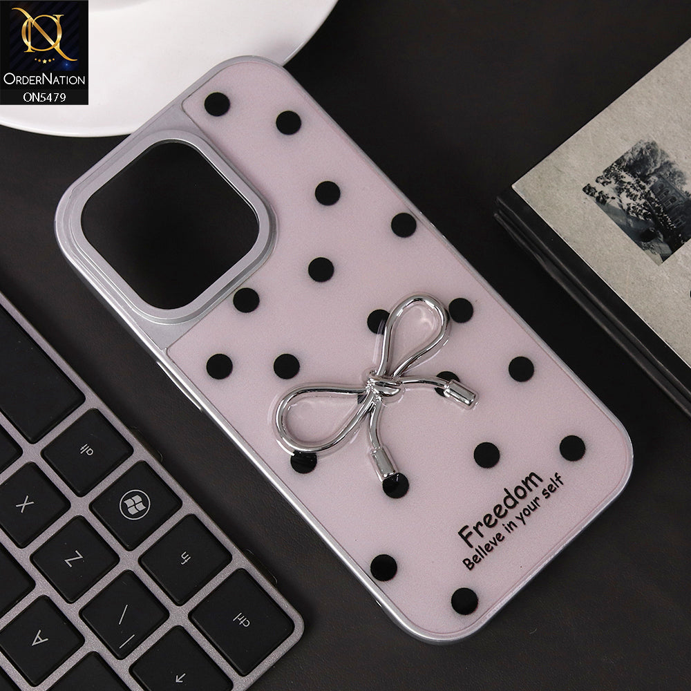 iPhone 16 Pro Cover - Light Pink - Elegant Black Polka Dot Case with 3D Metallic Bow