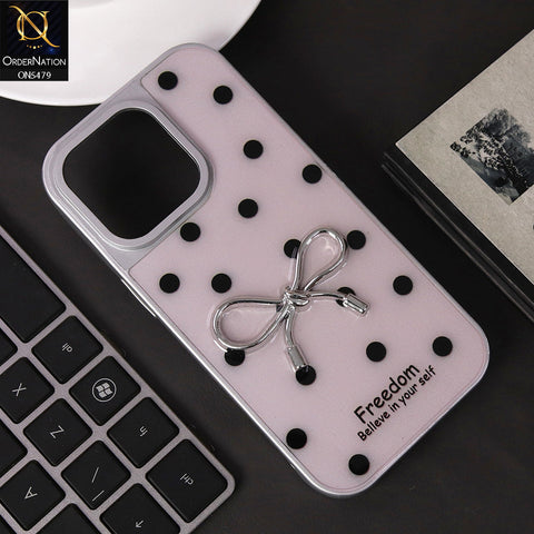 iPhone 16 Pro Cover - Light Pink - Elegant Black Polka Dot Case with 3D Metallic Bow