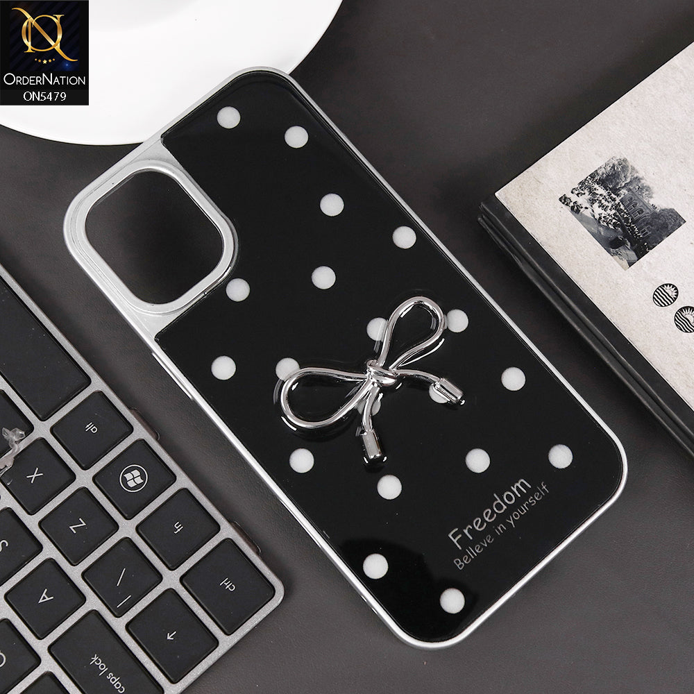 iPhone 16 Plus Cover - Black - Elegant Black Polka Dot Case with 3D Metallic Bow