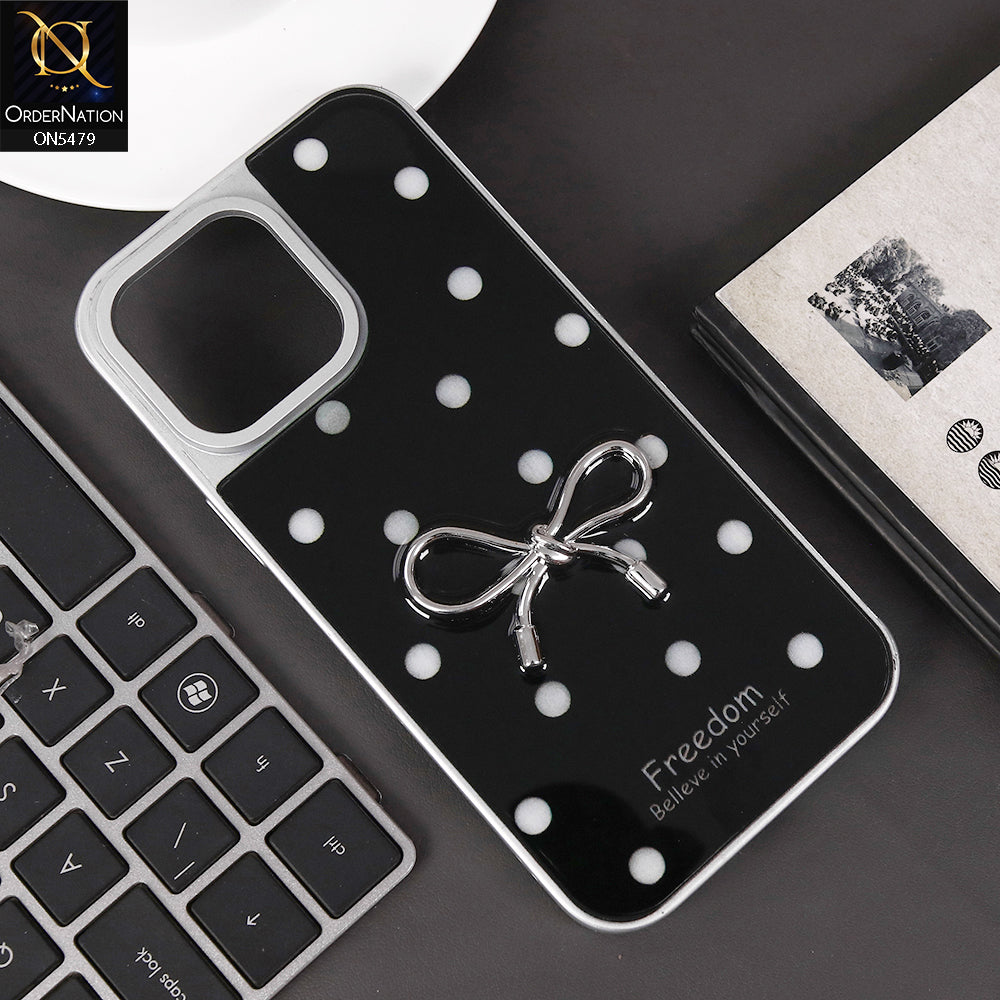 iPhone 16 Pro Max Cover - Black - Elegant Black Polka Dot Case with 3D Metallic Bow