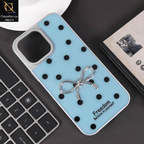 iPhone 16 Pro Max Cover - Cyan - Elegant Black Polka Dot Case with 3D Metallic Bow