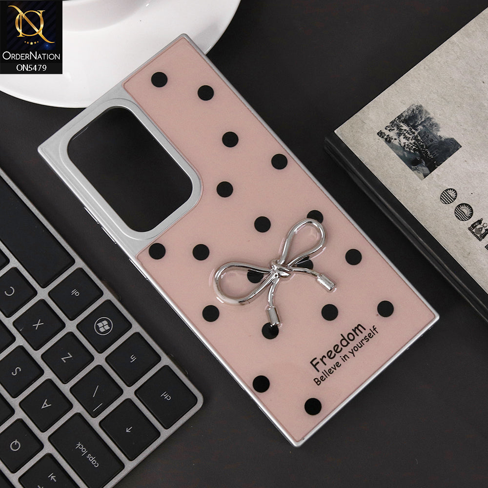Samsung Galaxy S23 Ultra 5G Cover - Pink - Elegant Black Polka Dot Case with 3D Metallic Bow