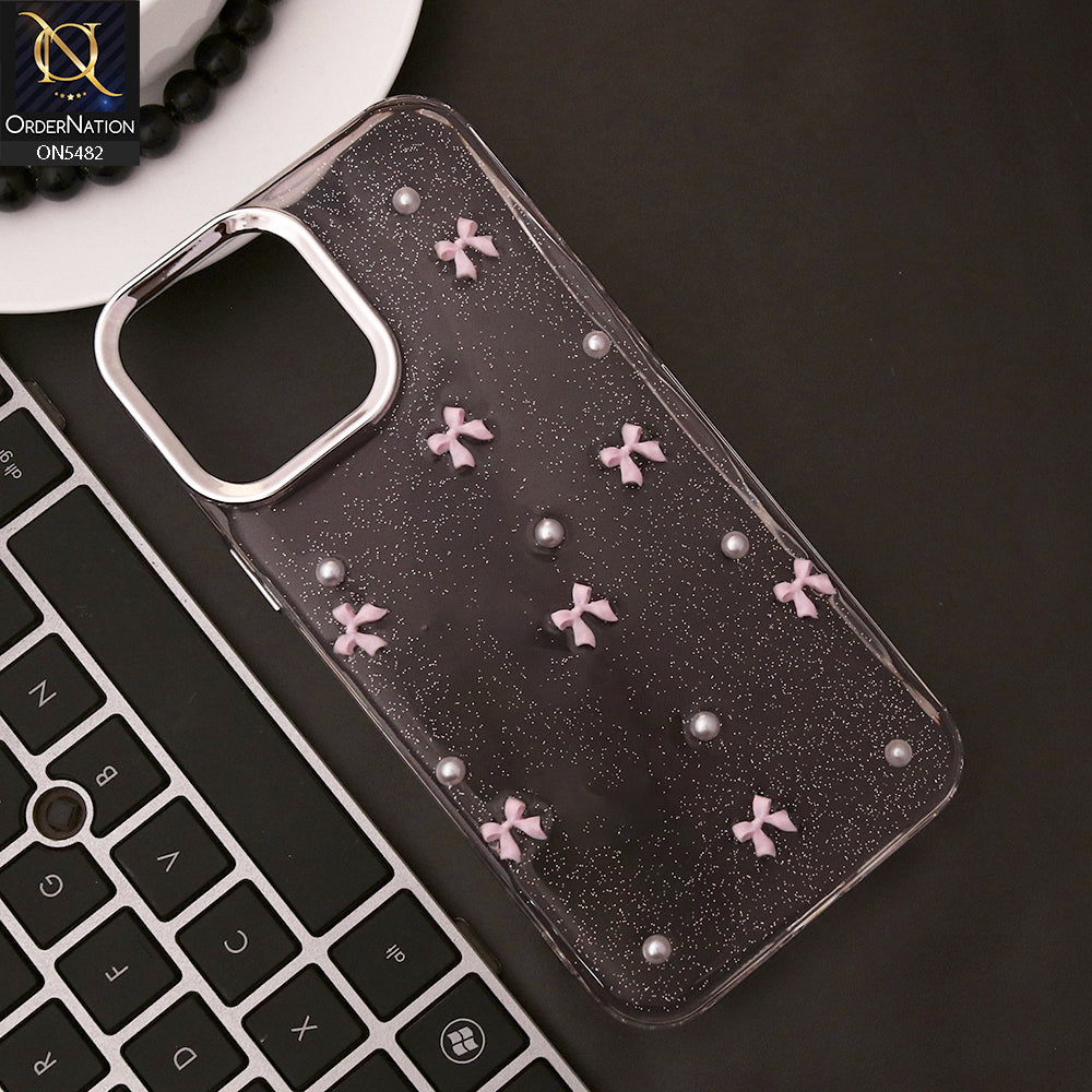 iPhone 13 Pro Max Cover - Pink - New 3D Bow Knot Rhinestones Glitter (Giltter Does note Move) Soft Clear TPU Case