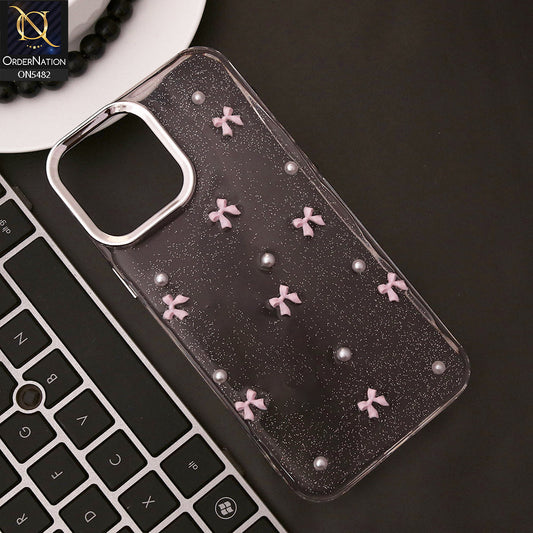 iPhone 13 Pro Max Cover - Pink - New 3D Bow Knot Rhinestones Glitter (Giltter Does note Move) Soft Clear TPU Case