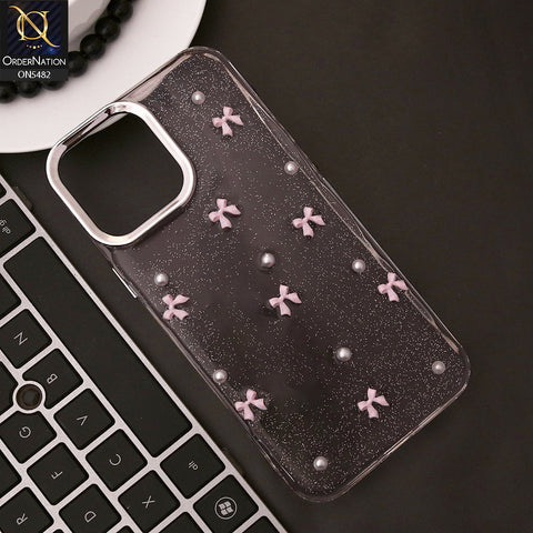 iPhone 13 Pro Max Cover - Pink - New 3D Bow Knot Rhinestones Glitter (Giltter Does note Move) Soft Clear TPU Case