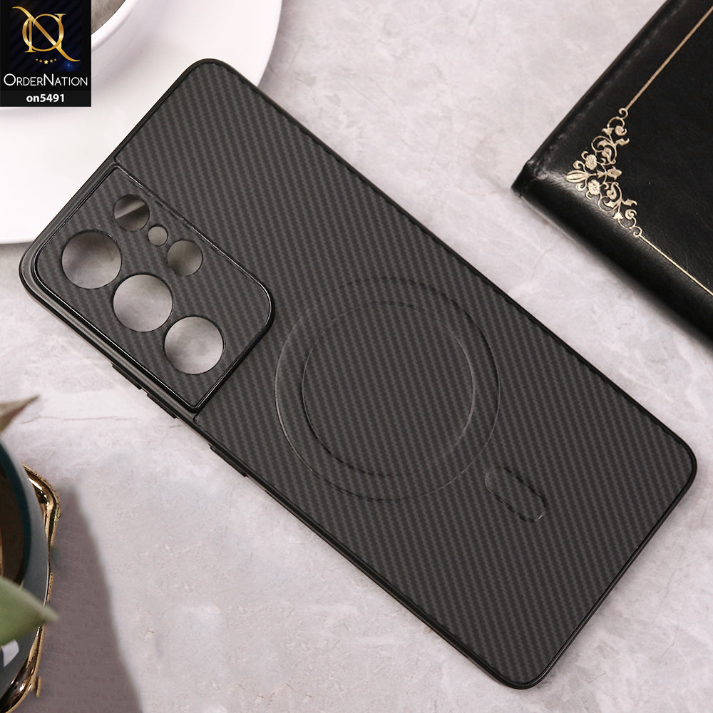 Samsung Galaxy S21 Ultra 5G Cover - Black - Elegant Carbon Fiber Texture Magsafe Style Soft Borders Case Wirh Camera Protection